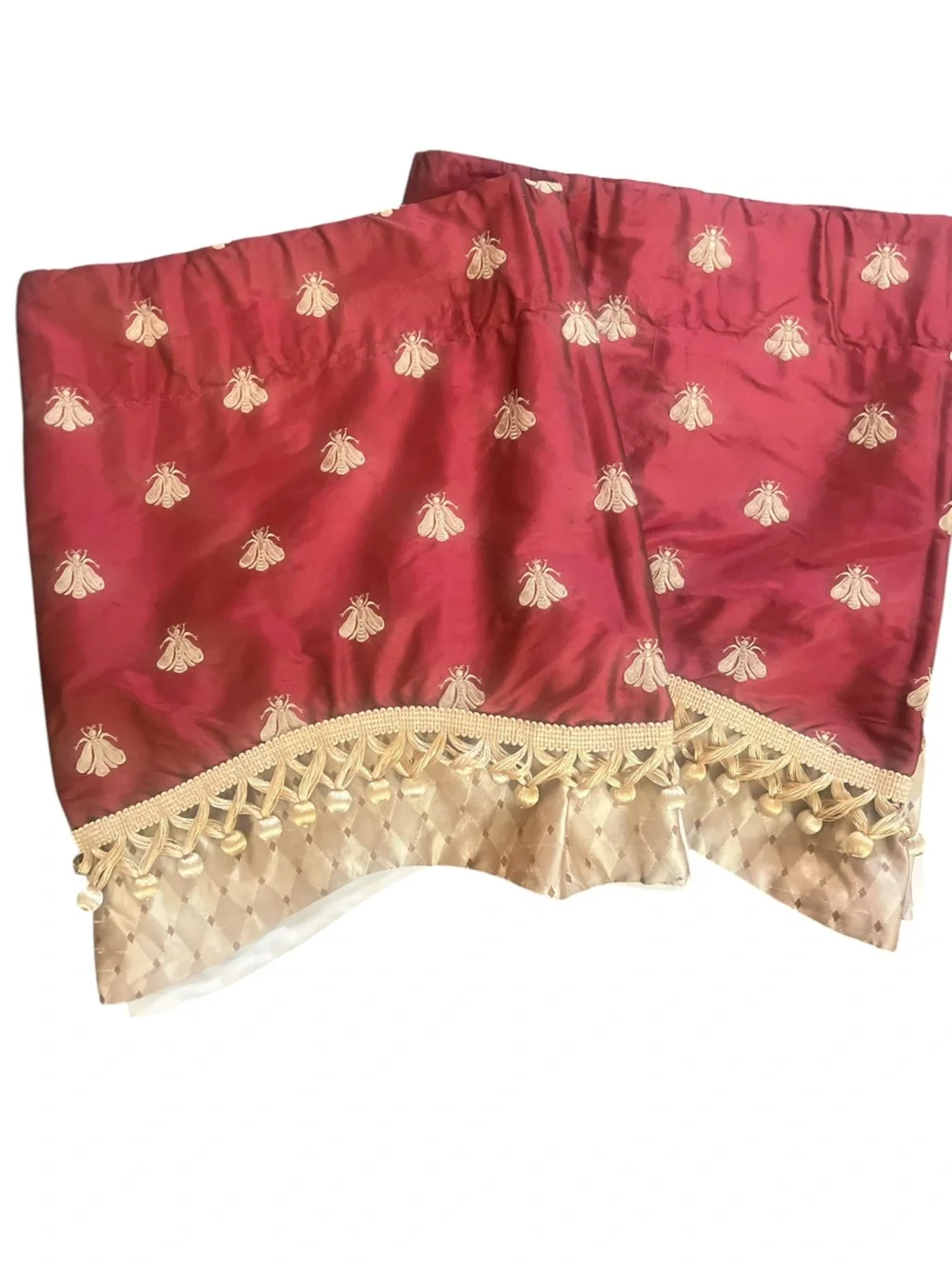 Pair Pure Silk Empire Valances Embroidered Gold Bees Scalloped Fringe